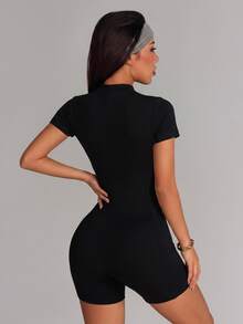 Slayform Short Sleeve Zipper Shorts Jumpsuit/White Line Contrast Color/Fashion Sexy/Comfortable Versatile - Black - View 2