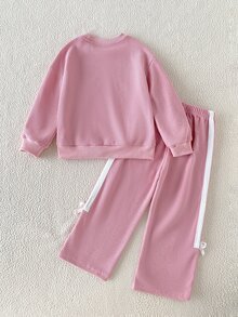 SHEIN 女童2件套，蝴蝶結裝飾，側縫配色條紋裝飾，寬腿褲，可愛簡約休閒風，適合日常休閒、運動、度假 - 粉色 - 查看 3