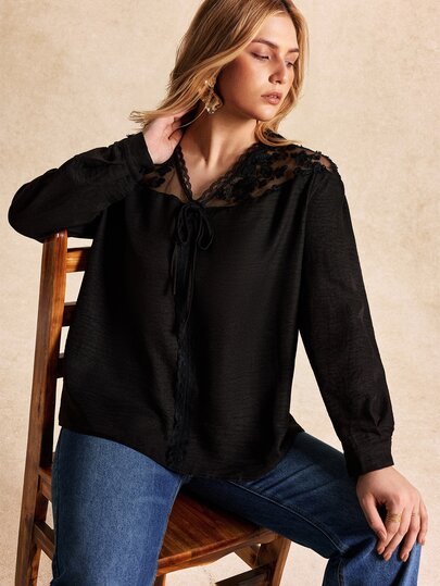 Écloséra Curve Plus Size Women's French Vintage Lace Patchwork Blouse, Soft Pleated Tencel Fabric, V-Neck Tie-Up Sheer Lace Puff Shoulder Long Sleeve Gentle Style Shirt