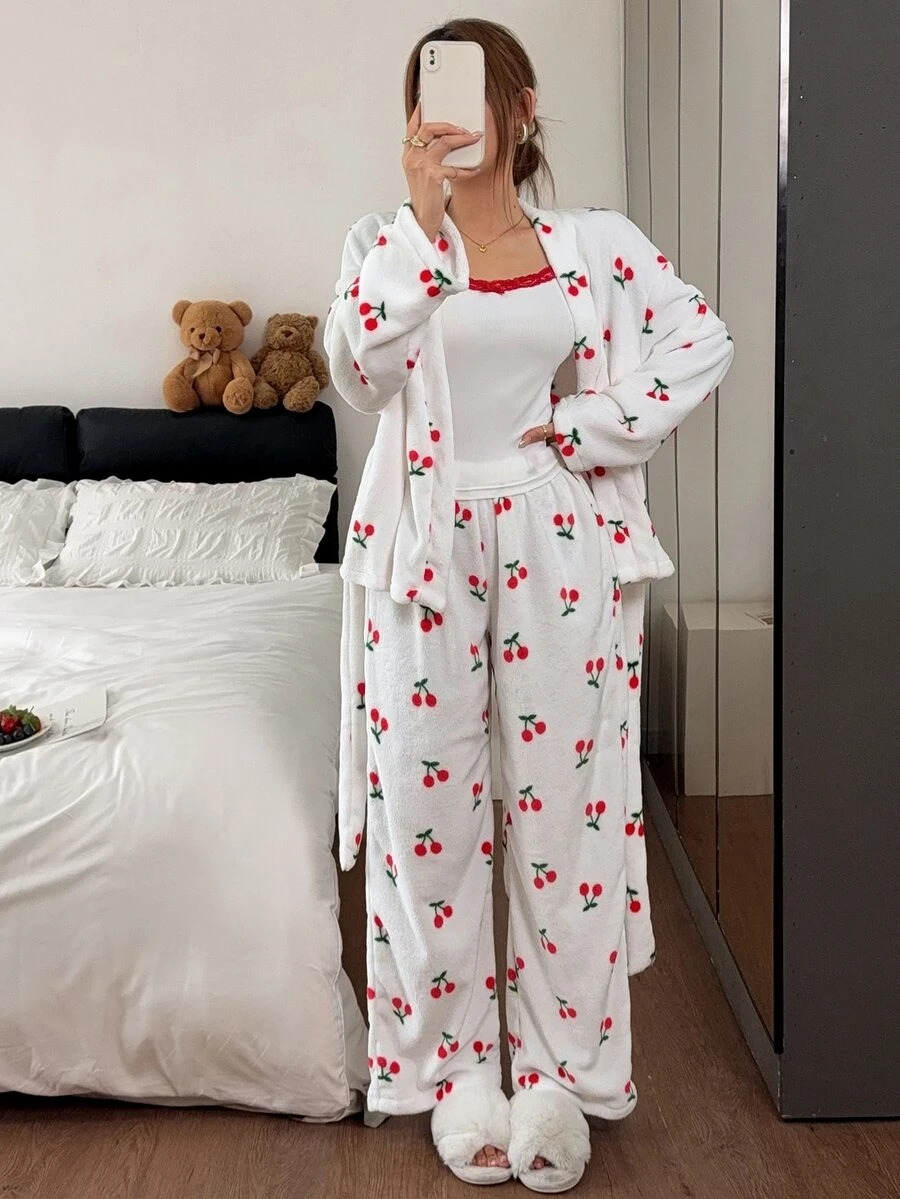 Napfluff Women's Plush Cherry Print Fitted Contrast Trim Camisole Pants And Long Sleeve Cardigan Pajama Set - White - View 1
