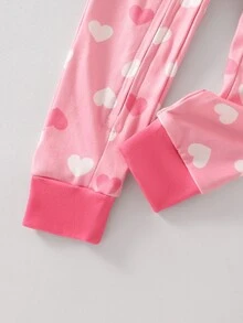 Infant Girl Comfortable Soft Heart Pattern Snug Fit Footed Romper, Cute Cow Print Long Sleeve Zippered Bodysuit, Soft Skin-Friendly Spring/Autumn Home Wear - Dusty Pink - View 7