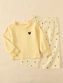 Baby Girl Heart Pattern Long Sleeve T-Shirt And Pants Casual Daily Outfit - Yellow - View 3