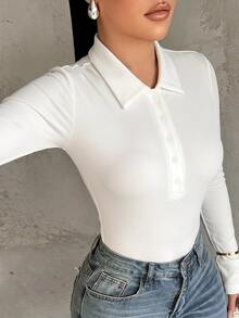 SHEIN SXY White High Elasticity Knitted Polo Collar Long Sleeve Fitted Cropped Top - White - View 4