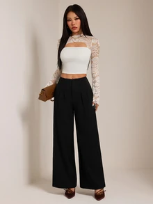 SHEIN PETITE Stylish Black High-Waisted Wide-Leg Trousers For Petite Women-Ideal For Business And Commuting. - Black - View 1