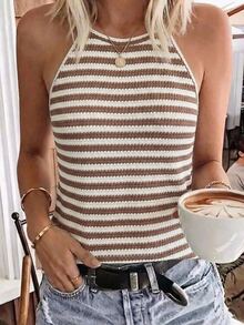 SHEIN LUNE Women's Knitted Textured Striped Pattern Halter Tank Top - Multicolor - View 1