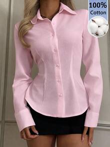 SHEIN EZwear 女款休閒收腰長袖鈕扣襯衫，適合秋冬穿著 - 粉色 - 查看 1