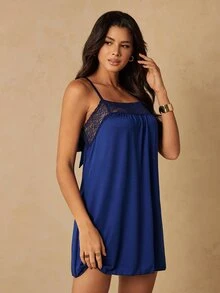 HautHeat Women's Solid Color Contrast Lace Cami Loungewear Dress - Blue - View 3
