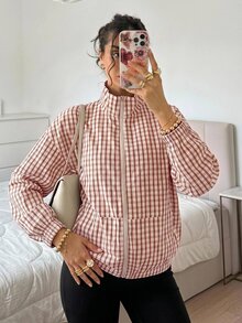 SHEIN EZwear 格紋編織女款休閒夾克 - 紅色 - 查看 12