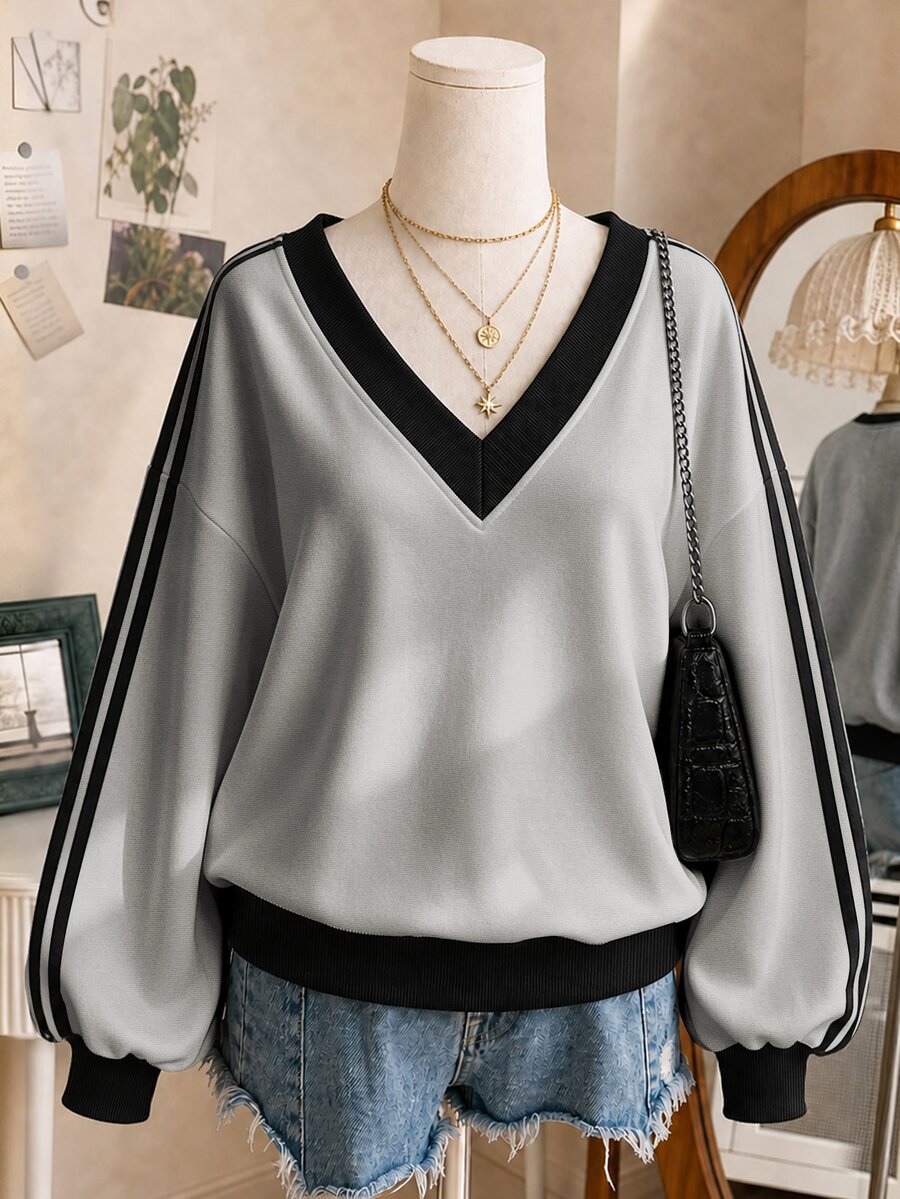 Lalippa Plus Size Women's Color Block V-Neck Casual Everyday Long Sleeve Sweatshirt - Multicolor - View 1