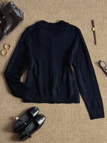 Grovea Cardigan Rajut Kasual Lengan Panjang Kancing Tunggal Ukuran Besar untuk Wanita Musim Dingin - Hitam - View 2