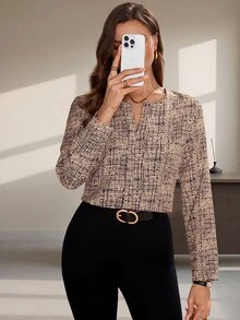Editum Women's Autumn Versatile Notched Neckline Top - Brown - View 3