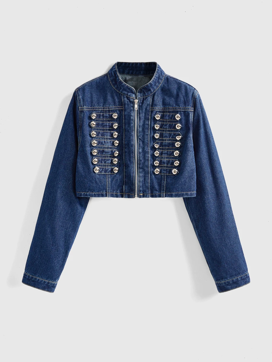 ROMWE Jaket dan Mantel Denim Pendek Vintage Washed Berpotongan Pendek Gaya Y2K Napoleon untuk Wanita, Model Kancing Logam Double-Breasted Napoleon Musim Gugur/Dingin - Medium Wash - View 1