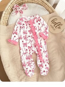 SHEIN Newborn Baby Boy Cute Knitted Casual Bowknot Pattern Romper & Headband Set - Pink - View 9
