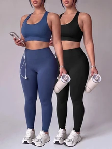 SHEIN Velisys Plus Size Solid Color Cropped Tank Top & Leggings Sports Set - Multicolor - View 1