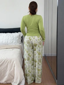 Dazy Plus 2pcs Solid Color Slim Fit Long Sleeve Top & Patterned Long Pants Loungewear Pajama Set, Spring Summer Autumn - Mint Green - View 2