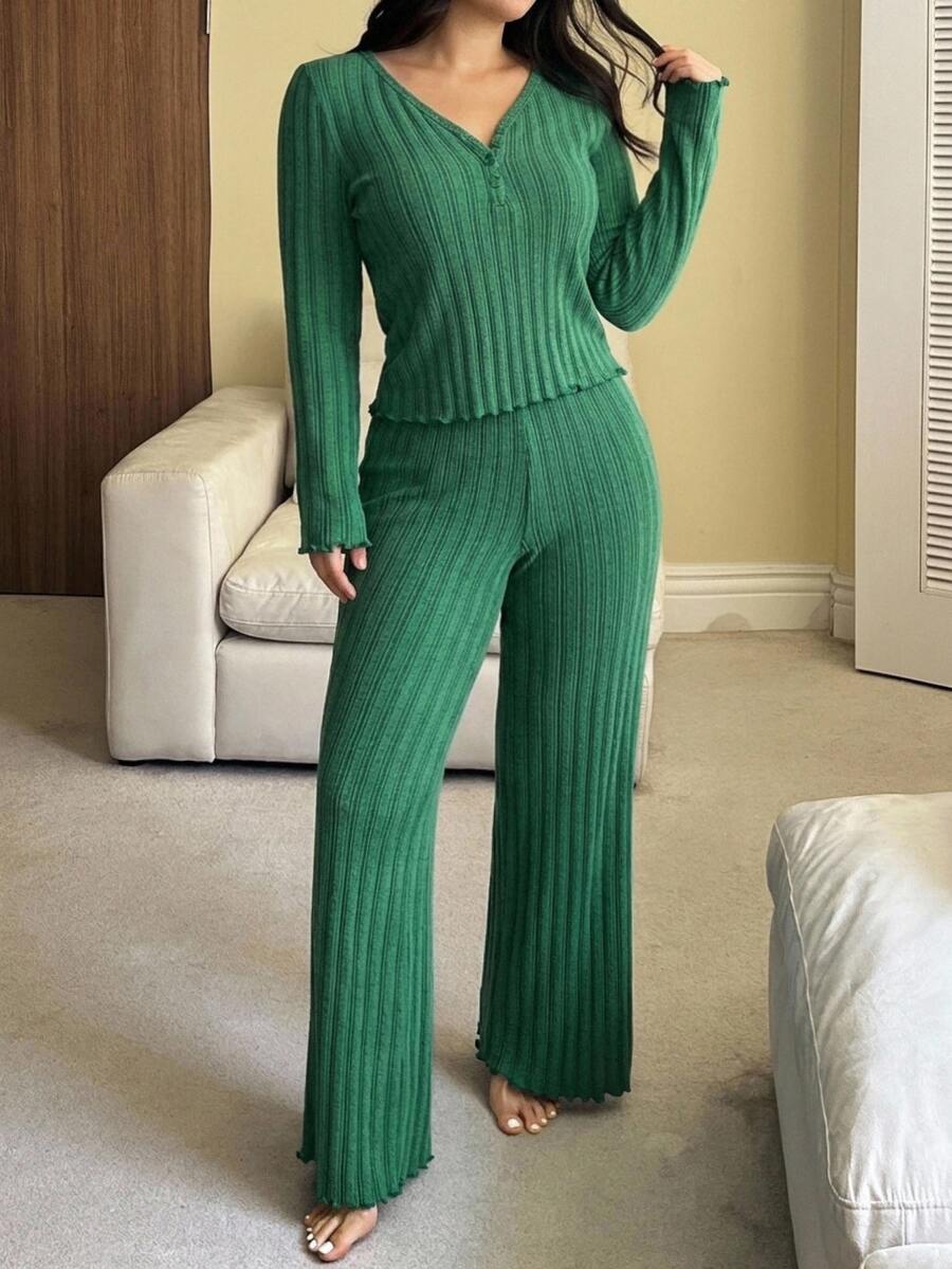 Dazy Plus Casual Slouchy Bright Green Fitted Top & Pants 2-Piece Set, Spring/Autumn New Pajama Set - Green - View 1