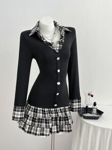Elamini Minimalist Sexy Academy Style 2 In 1 Plaid Patchwork Fitted Long Sleeve Ruffle Dress - Black - View 4