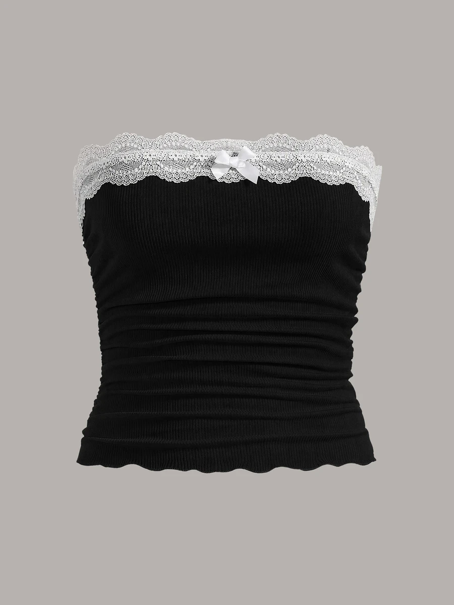 Muchica Plus Size Women's Lace Patchwork Fitted Versatile Bandeau Top - Black and White - View 1
