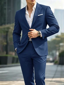 Manfinity Mode 男士商務休閒單扣西裝外套與長褲套裝，尖領設計增添風格與層次感，適合日常通勤、商務、派對與宴會穿著，男士衣櫥必備百搭單品，適合送給男友或丈夫的正式老錢風禮物 - 藏蓝色 - 查看 3