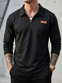 DAZY 復古半鈕扣翻領休閒長袖男士純色極簡 Polo 衫 - 黑色 - 查看 1