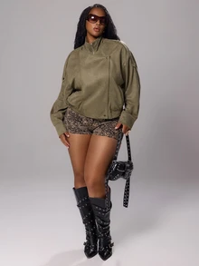 Rustia Plus Size Suede Zipper Motorcycle Style Jacket, Autumn/Winter Fall - Army Green - View 7