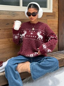 Muchica A Retro-Style Red Women's Knit Pullover Featuring A Polka-Dot Pattern; Also Suitable For Wearing On Halloween.Festival Outfits For Women - Burgundy - View 6