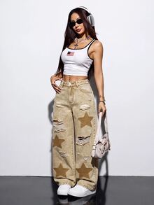 SHEIN PETITE 女款休閒搖滾街頭風迪斯可日常穿著牛仔褲，附口袋、鈕扣與破洞設計，夏季電音音樂會派對米色 - 卡其色 - 查看 4