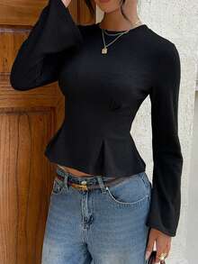 Siren Gaze Solid Color Round Neck Long Sleeve Slim Fit T-Shirt For Women, Autumn New Style - Black - View 6