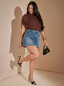 SHEIN BAE تنورة جينز قصيرة متعددة الاستخدامات للنساء بمقاسات كبيرة مع جيوب وأزرار ملابس العمل للنساء - أزرق متوسط - مشاهدة 4