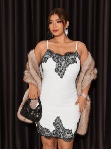Firerie White Fitted Bodycon Spaghetti Strap Dress / Lace Patchwork Contrast Color/Edgy Style / Modern & Elegant Y2K - White - View 6
