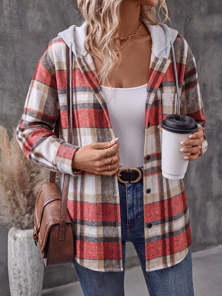 SHEIN Holidaya Women's Plaid Long Sleeve Single-Breasted Casual Retro Pocket Hooded Jacket Thanksgiving Everyday Travel Brown Plaid Autumn - Red - View 4