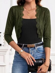 SHEIN Clasi 女款素色花卉蕾絲3/4袖開襟優雅輕便休閒夾克外套 - 軍綠色 - 查看 7