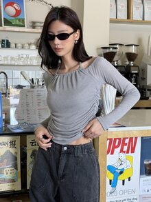 K-Vae Women's Minimalist Sexy Ins Style Atmosphere Halter Neck Ruched Grey Long Sleeve Base Layer Top, Slim Fit Waist Design, Minimalist Everyday Wear - Grey - View 3