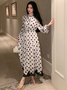DAZY 女款優雅通勤波點印花蕾絲拼接洋裝 秋季 - 白色 - 查看 5