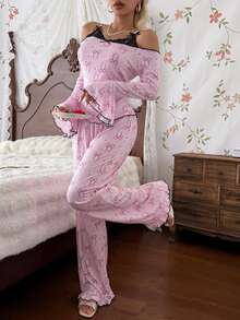 CottageSlumber Women's Knit Bow Print Lace Patchwork Ruffle Long Sleeve Long Pants Pajama Set - Pink - View 4
