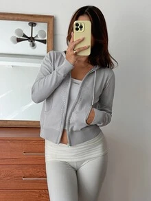 DAZY Women's Rhinestone Decorated Fitted Long Sleeve Zip-Up Hooded Casual Vacation Korean Style Autumn/Winter Knit Cardigan - Grey - View 2