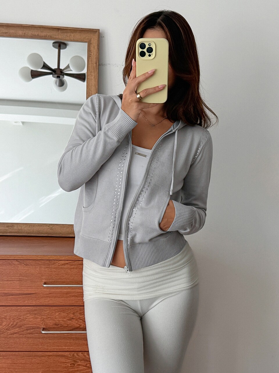 Women's Rhinestone Decorated Fitted Long Sleeve Zip-Up Hooded Casual Vacation Korean Style Autumn/Winter Knit Cardigan