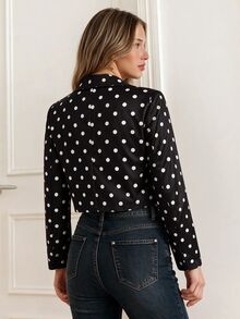 KARISMINA Black And White Polka Dot Notched Lapel Contrast Bowknot Front Cropped Blazer, Night Out Party Date Night, Fall Jacket, Elegant, Christmas, New Year - Black - View 2