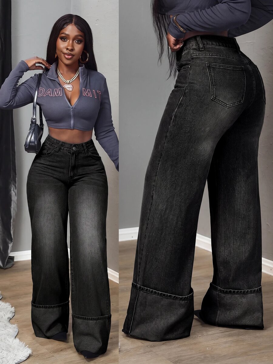 SHEIN Tall 女款高腰口袋寬腿寬鬆休閒牛仔褲 - 黑色 - 查看 1