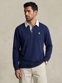 Lornavo Men's Cotton Knight Print Long Sleeve Casual Classy Vintage Commute Golf Polo Shirt Navy Blue And White Autumn - Multicolor - View 8