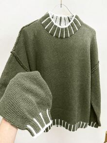SHEIN LUNE 女款拼色休閒百搭日常穿著長袖針織衫 - 軍綠色 - 查看 4