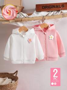 SHEIN 2件裝女嬰拉鍊連帽外套，可愛甜美粉色白色花朵貼布，抓絨內裡長袖加厚，適合戶外、派對、健身房、演唱會、冬季聖誕時尚穿搭 - 彩色 - 查看 8