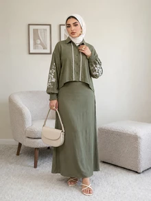 Solavon Plus Size Women's Floral Print Single-Breasted Shirt And Skirt Casual 2 Pieces Set - Olive Green - View 5