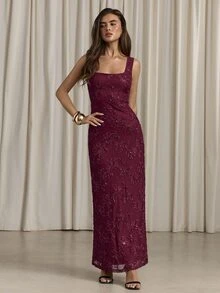 Aloruh Women's Autumn/Winter Elegant Sequin Floral Embroidered Backless Mermaid Dress - Burgundy - View 4