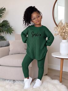 2pcs/Set Young Girl Fashion Casual Drop Shoulder Ribbed Knit "Smile" Graphic T-Shirt And Leggings, Pink Outfit Girls Girls Ribbed Set Girls Fall Sets Girls Comfy Set Girl Sweat Suit Set - Green - View 5