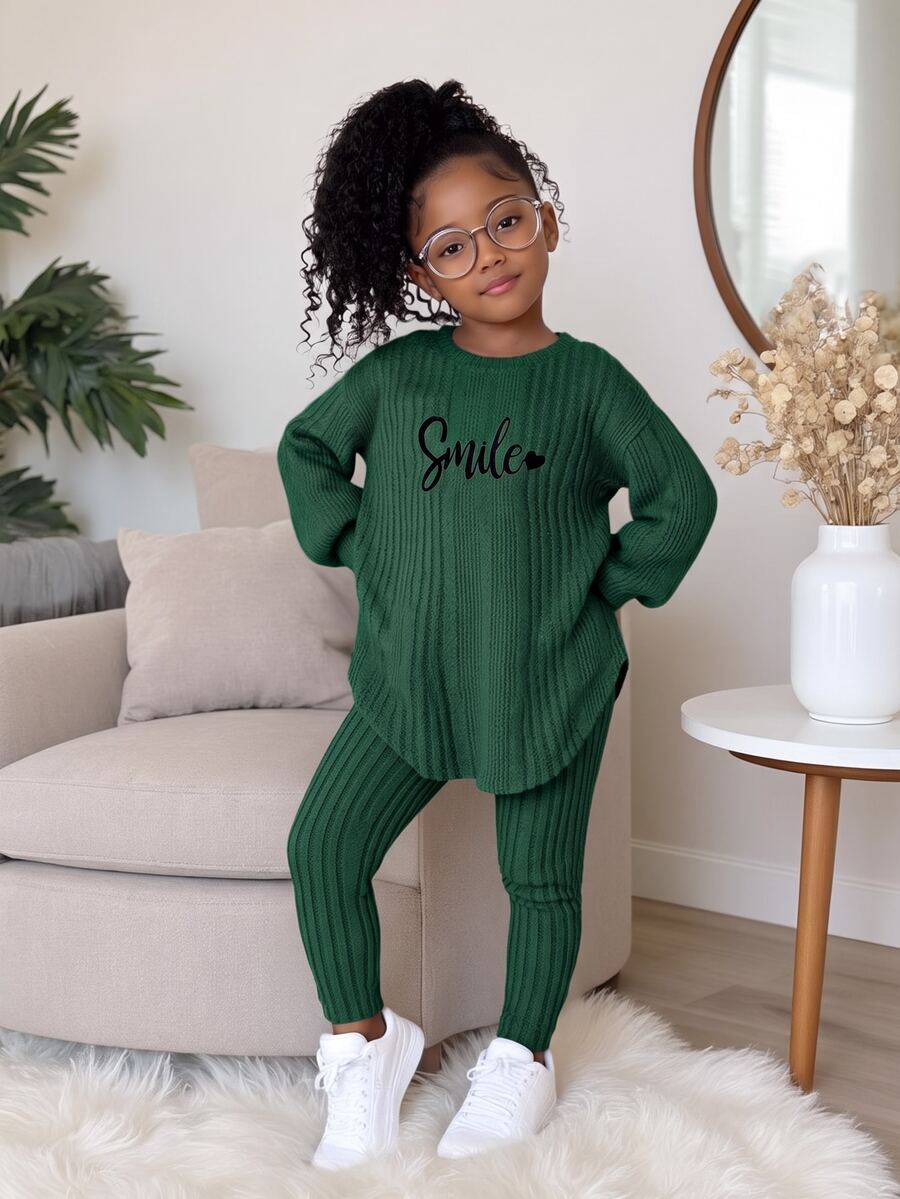 2pcs/Set Young Girl Fashion Casual Drop Shoulder Ribbed Knit "Smile" Graphic T-Shirt And Leggings, Pink Outfit Girls Girls Ribbed Set Girls Fall Sets Girls Comfy Set Girl Sweat Suit Set - Green - View 1