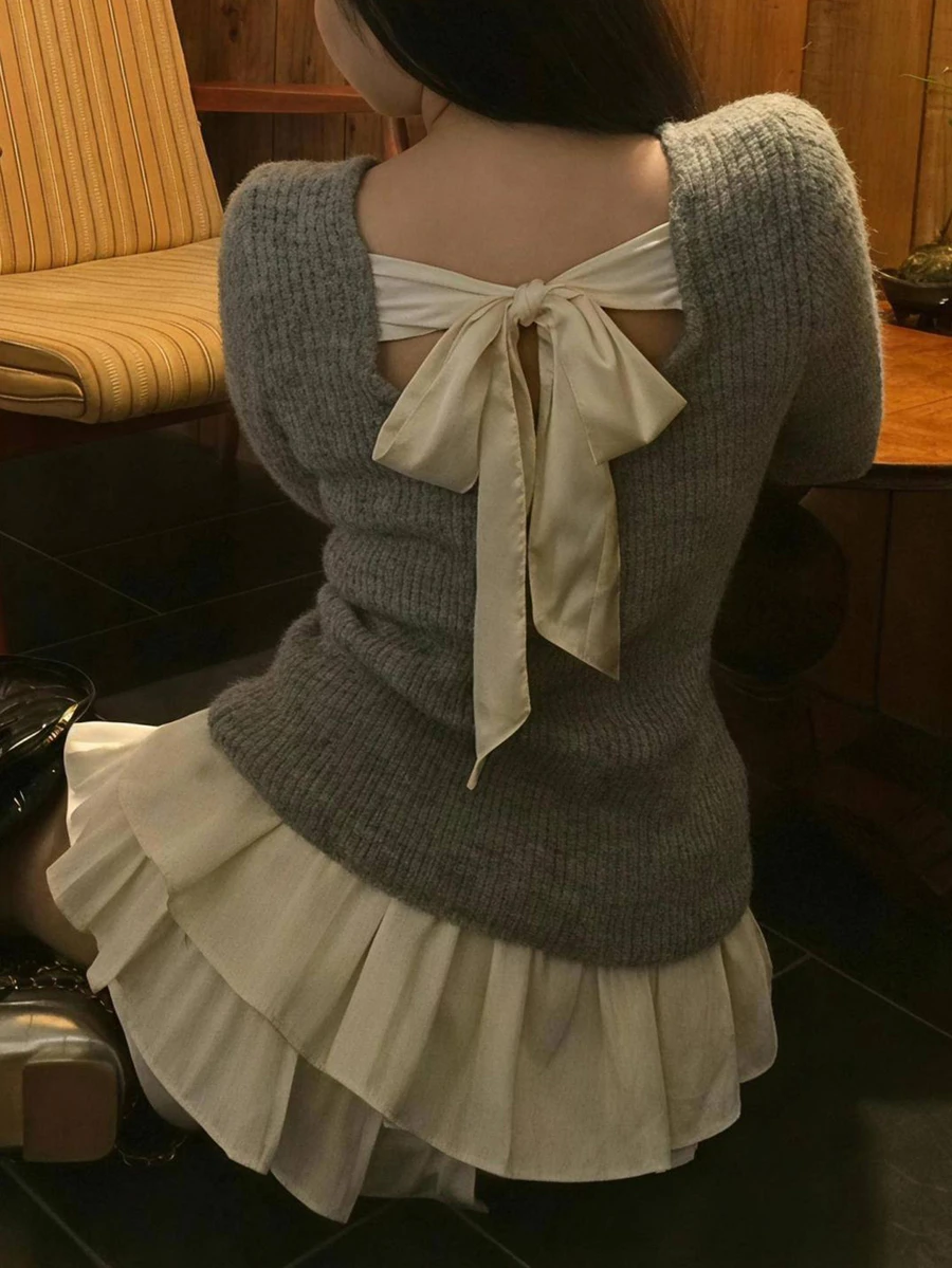 Dazy Plus Korean Style Back Bowknot Long Sleeve Contrast Color Casual Girl Autumn/Winter New Sweater - Grey - View 1