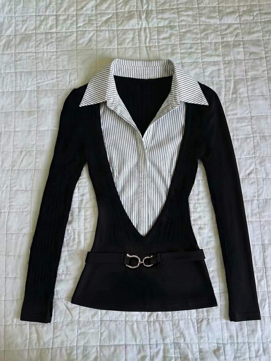 IslaSuriya Women's Patchwork Striped Shirt Collar Long Sleeve 2 In 1 Top - Black - View 1