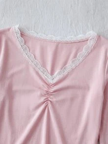 SHEIN Tween女孩條紋抓皺胸前長袖蕾絲飾邊上衣 - 粉色 - 查看 5