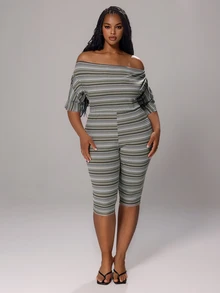 Rustia Plus Size Multi-Color Striped Asymmetric Neck 3/4 Sleeve Fitted Knit Jumpsuit - Multicolor - View 4